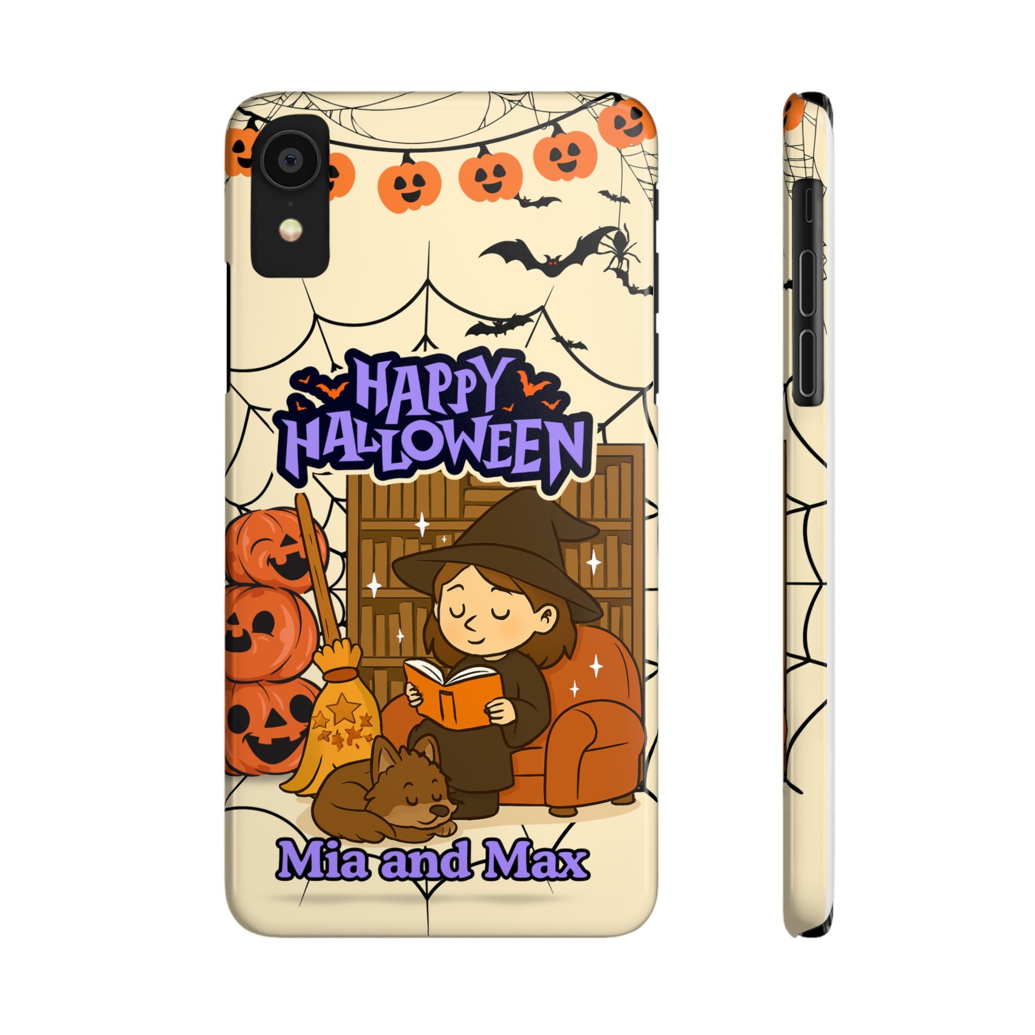 iPhone Case - Halloween Witch Reader with Pet, Personalized Fall Phone Cover, Book Lover Gift, Customizable Spooky Slim Case, Autumn Witchy