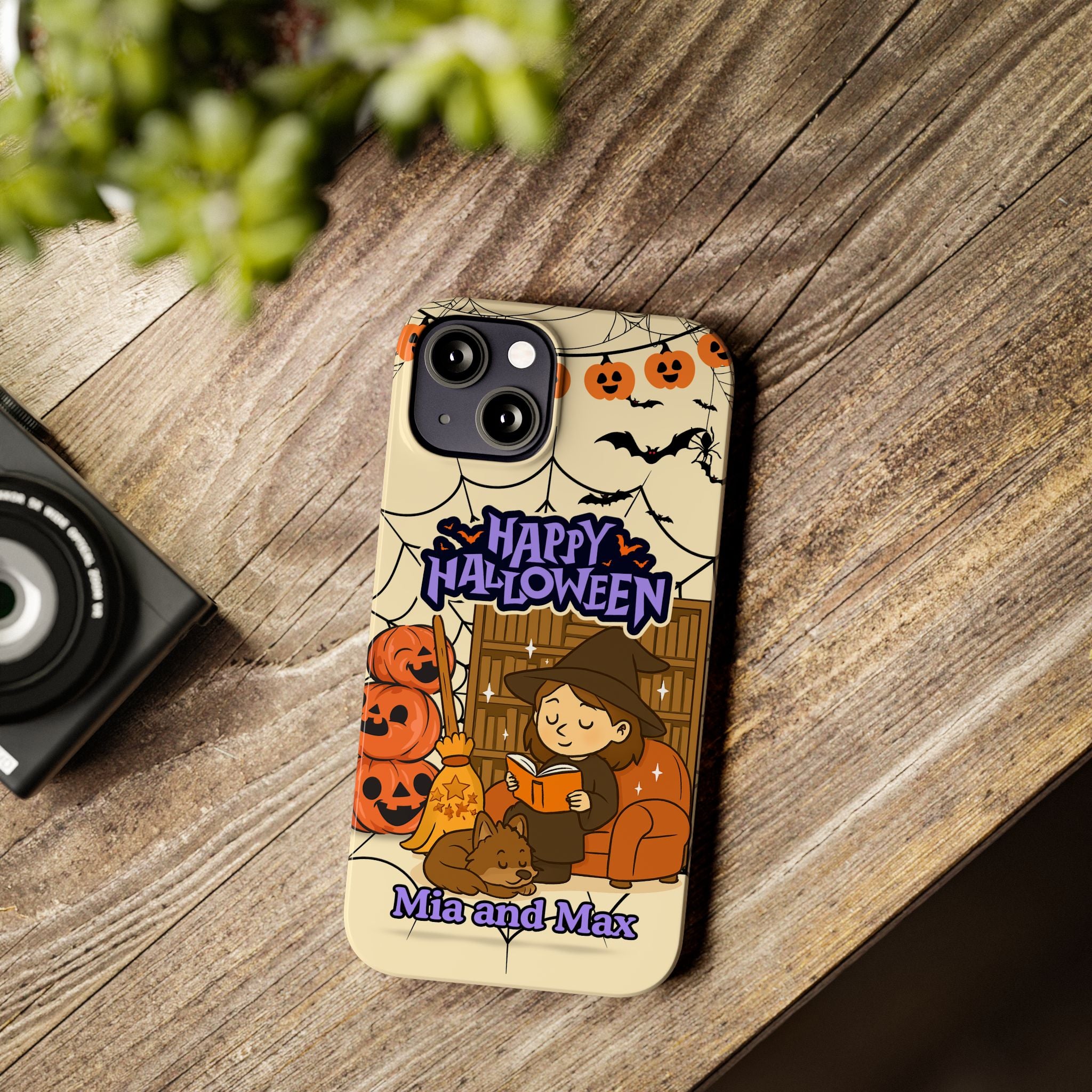 iPhone Case - Halloween Witch Reader with Pet, Personalized Fall Phone Cover, Book Lover Gift, Customizable Spooky Slim Case, Autumn Witchy