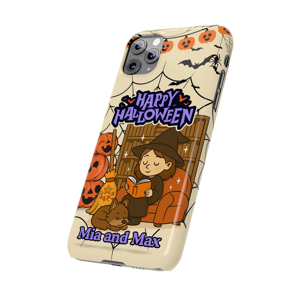 iPhone Case - Halloween Witch Reader with Pet, Personalized Fall Phone Cover, Book Lover Gift, Customizable Spooky Slim Case, Autumn Witchy