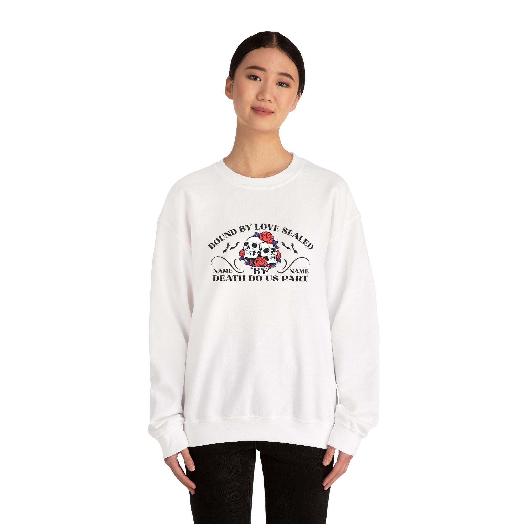 Embroidered Halloween Phrase Unisex Sweatshirt, Bound By Love Sealed By Death Customizable Halloween Sweatshirt, Couple's Names Sweatshirt,