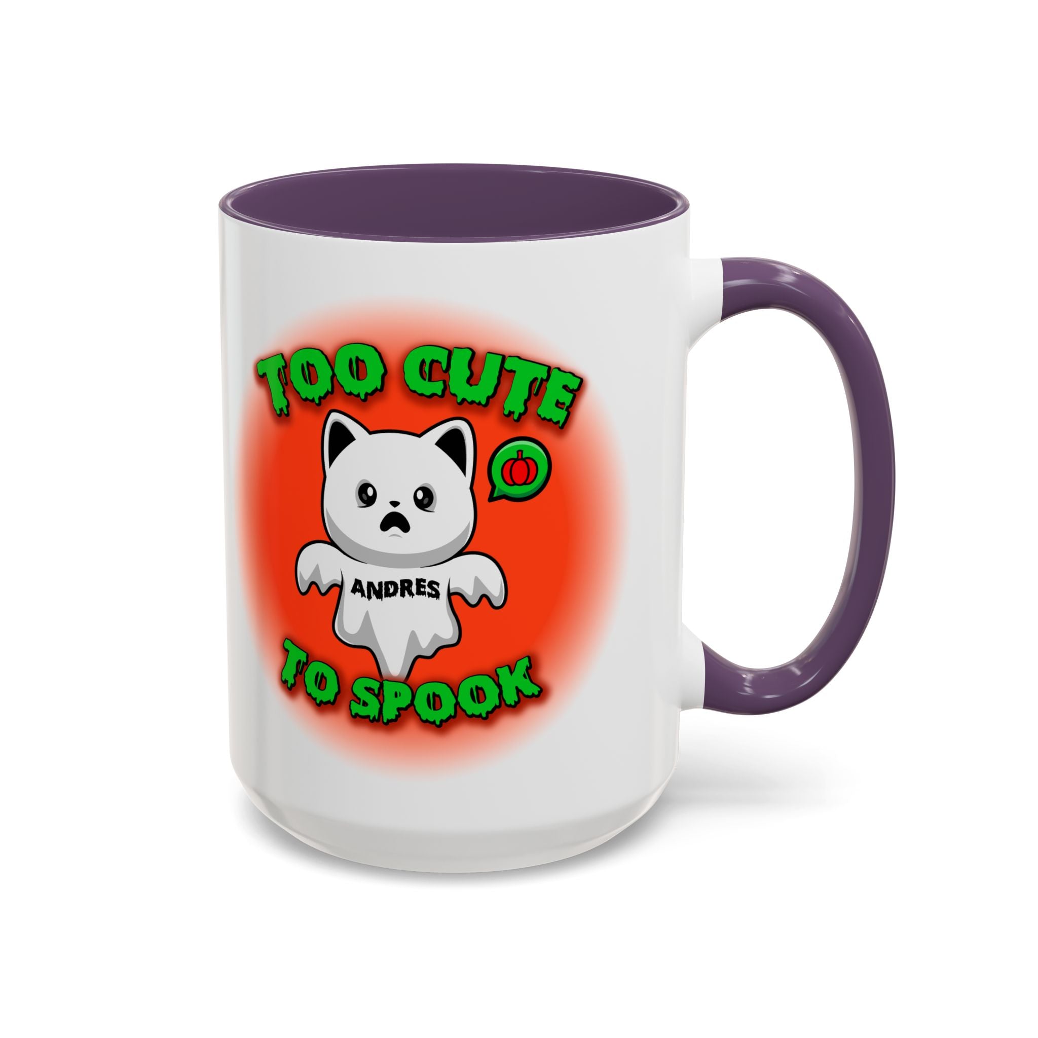 Halloween Accent Mug, Cute Ghost Cat, Too Cute To Spook, Custom Name Gift, Cat Lover Mug, Spooky Season Cup, Orange and White, Pink Handle,