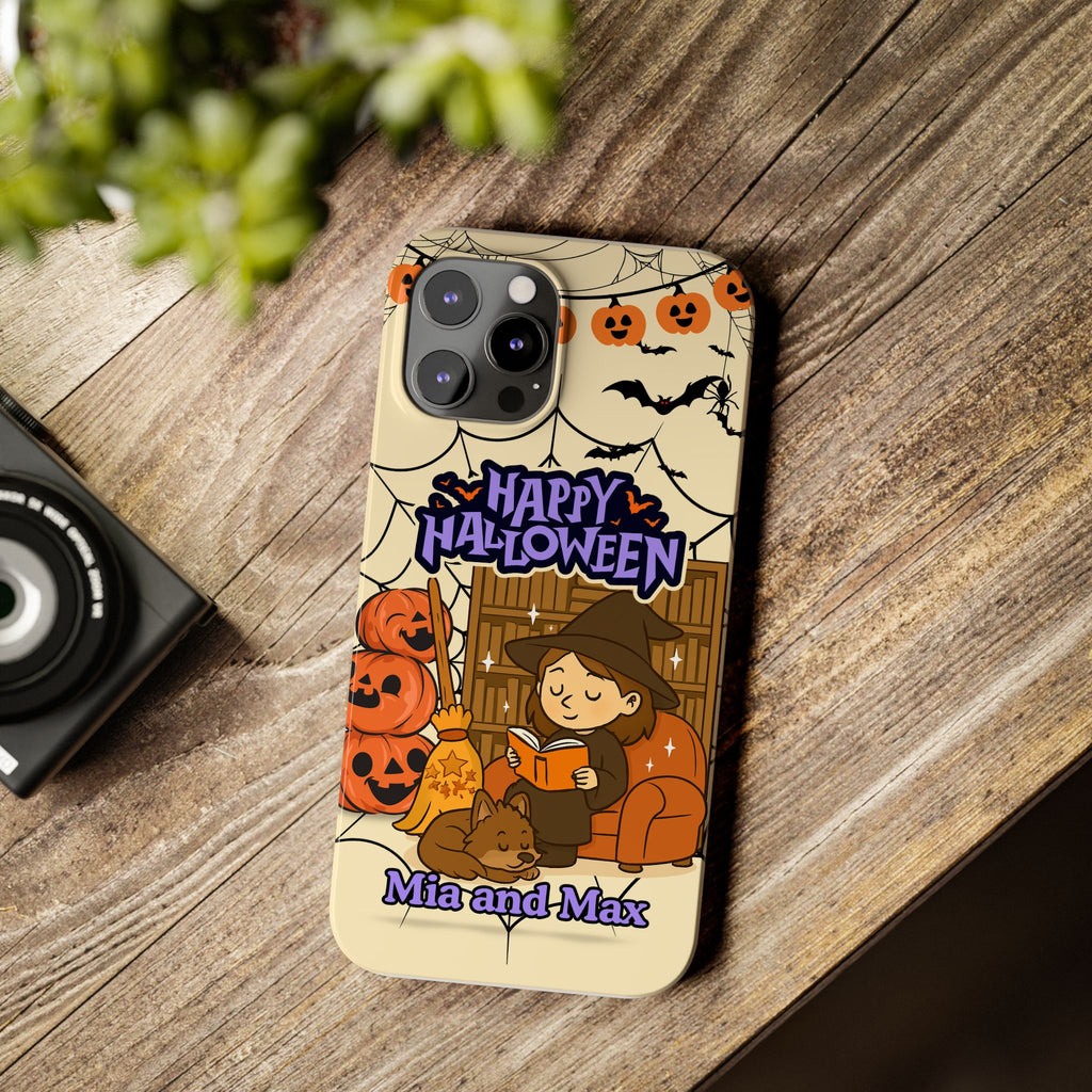 iPhone Case - Halloween Witch Reader with Pet, Personalized Fall Phone Cover, Book Lover Gift, Customizable Spooky Slim Case, Autumn Witchy