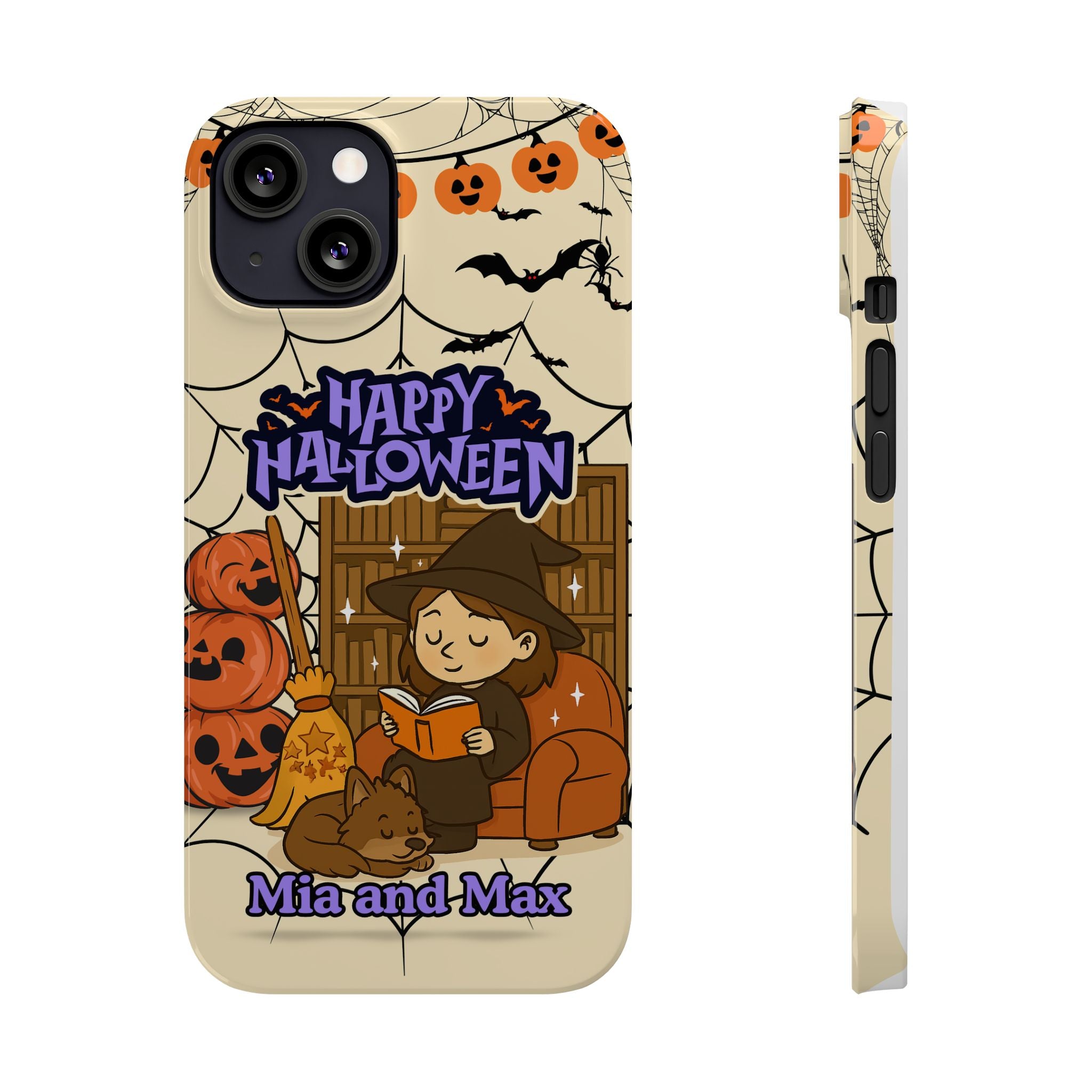 iPhone Case - Halloween Witch Reader with Pet, Personalized Fall Phone Cover, Book Lover Gift, Customizable Spooky Slim Case, Autumn Witchy