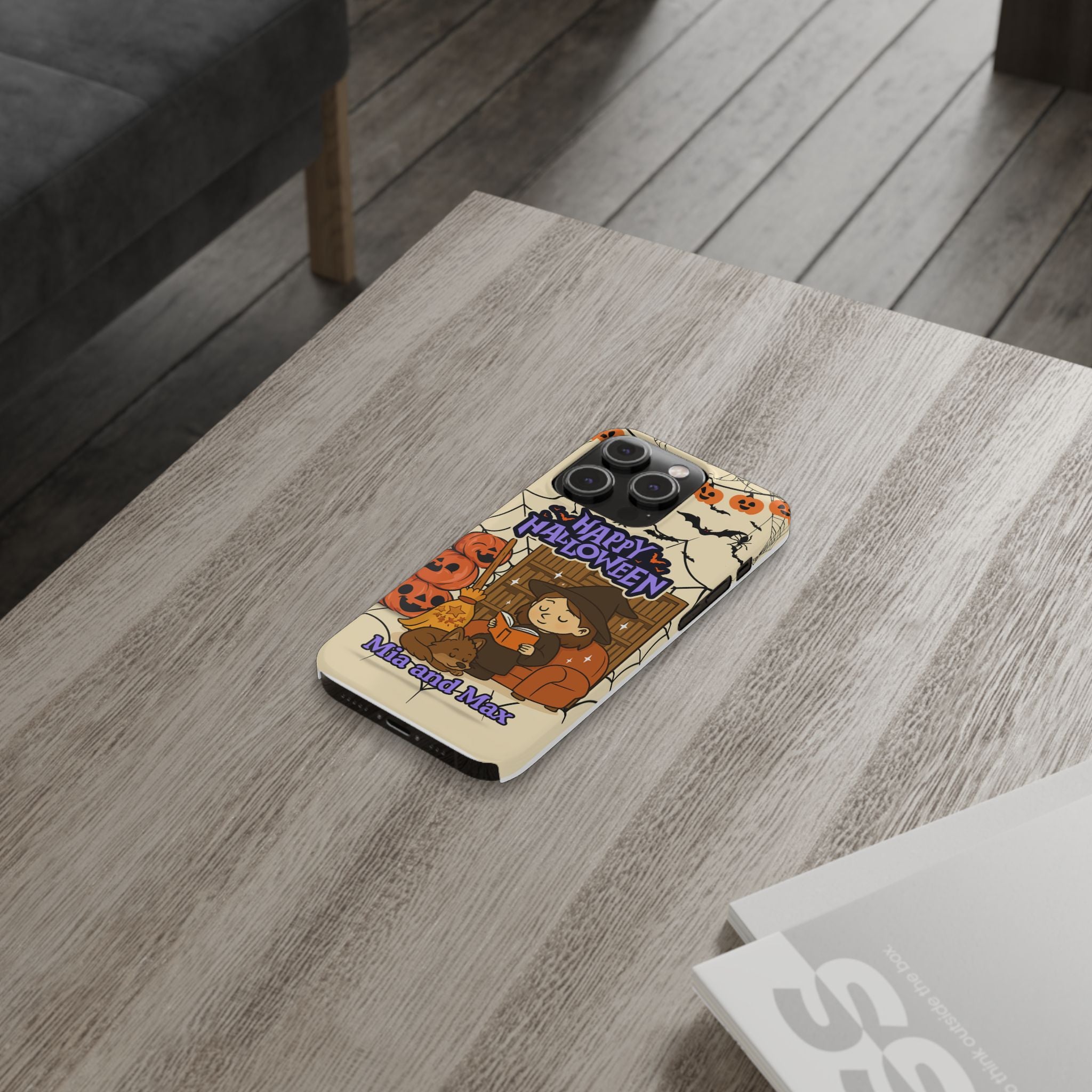 iPhone Case - Halloween Witch Reader with Pet, Personalized Fall Phone Cover, Book Lover Gift, Customizable Spooky Slim Case, Autumn Witchy