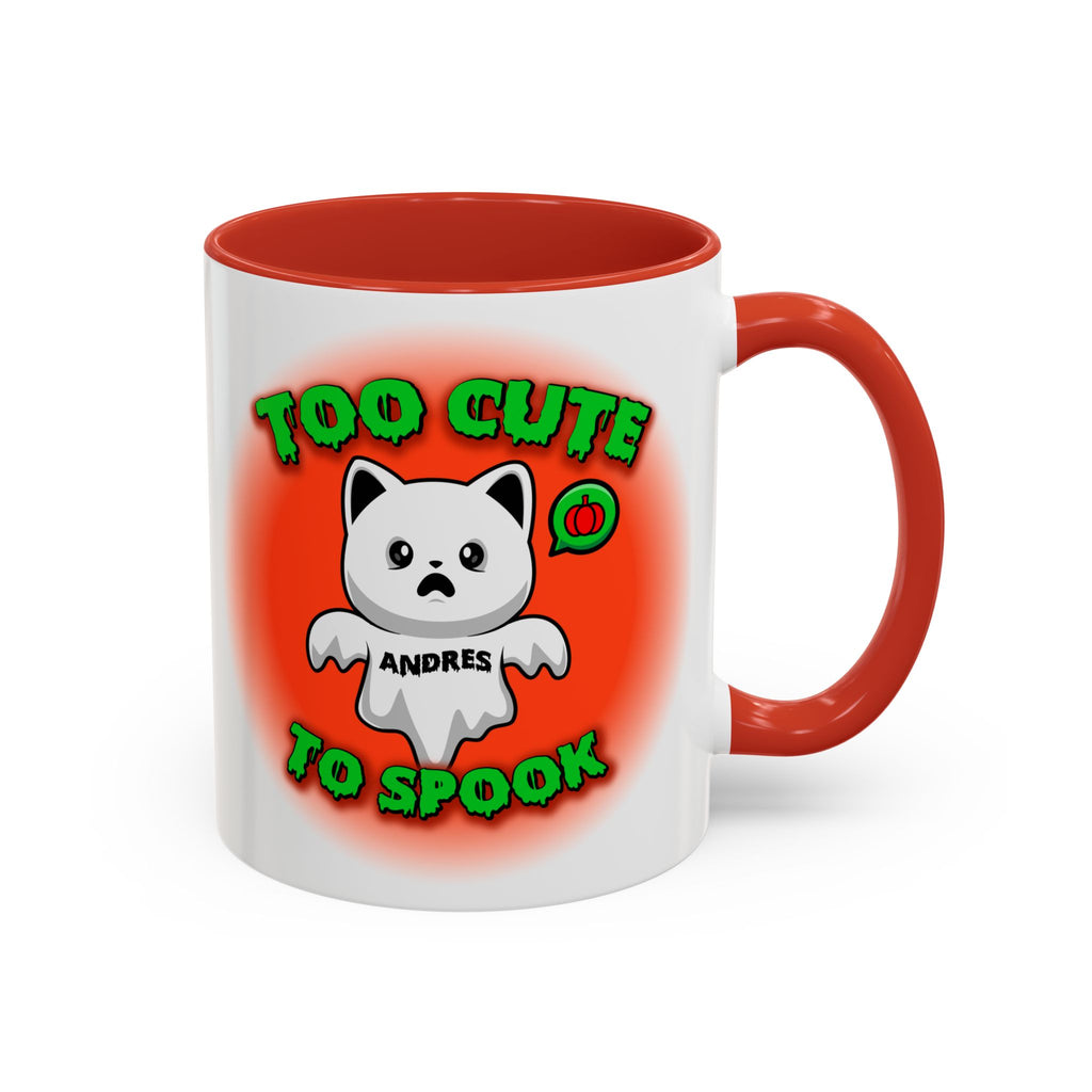 Halloween Accent Mug, Cute Ghost Cat, Too Cute To Spook, Custom Name Gift, Cat Lover Mug, Spooky Season Cup, Orange and White, Pink Handle,