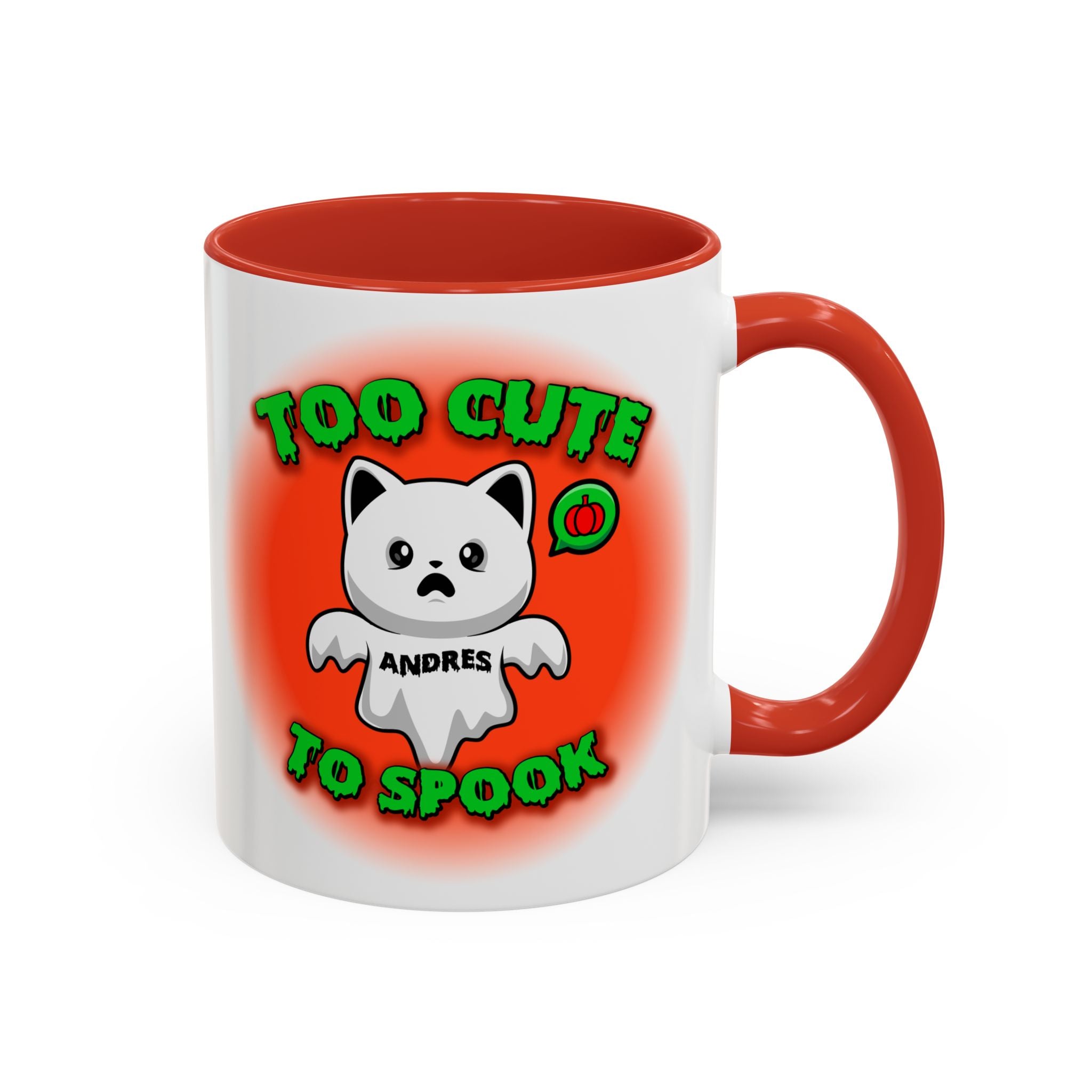 Halloween Accent Mug, Cute Ghost Cat, Too Cute To Spook, Custom Name Gift, Cat Lover Mug, Spooky Season Cup, Orange and White, Pink Handle,
