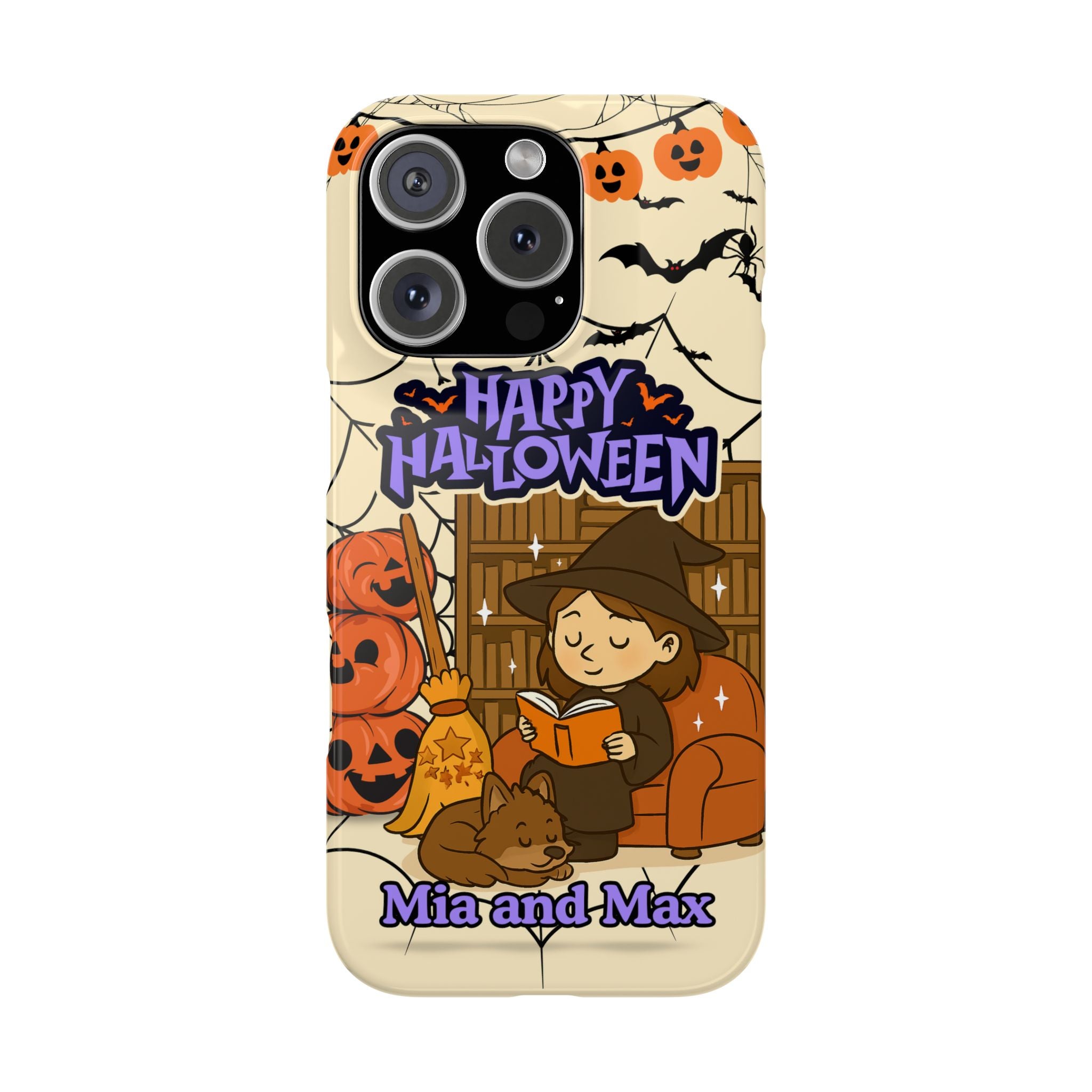 iPhone Case - Halloween Witch Reader with Pet, Personalized Fall Phone Cover, Book Lover Gift, Customizable Spooky Slim Case, Autumn Witchy