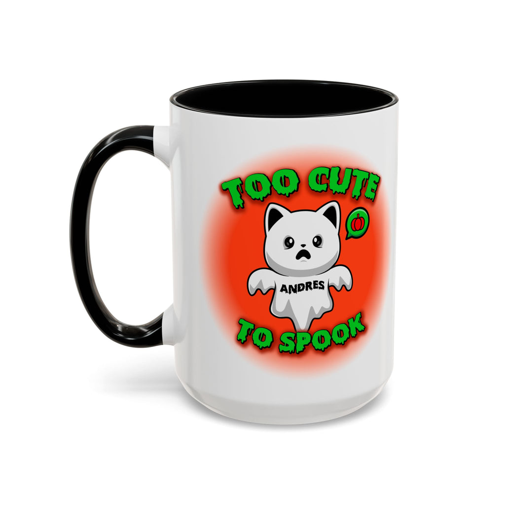 Halloween Accent Mug, Cute Ghost Cat, Too Cute To Spook, Custom Name Gift, Cat Lover Mug, Spooky Season Cup, Orange and White, Pink Handle,