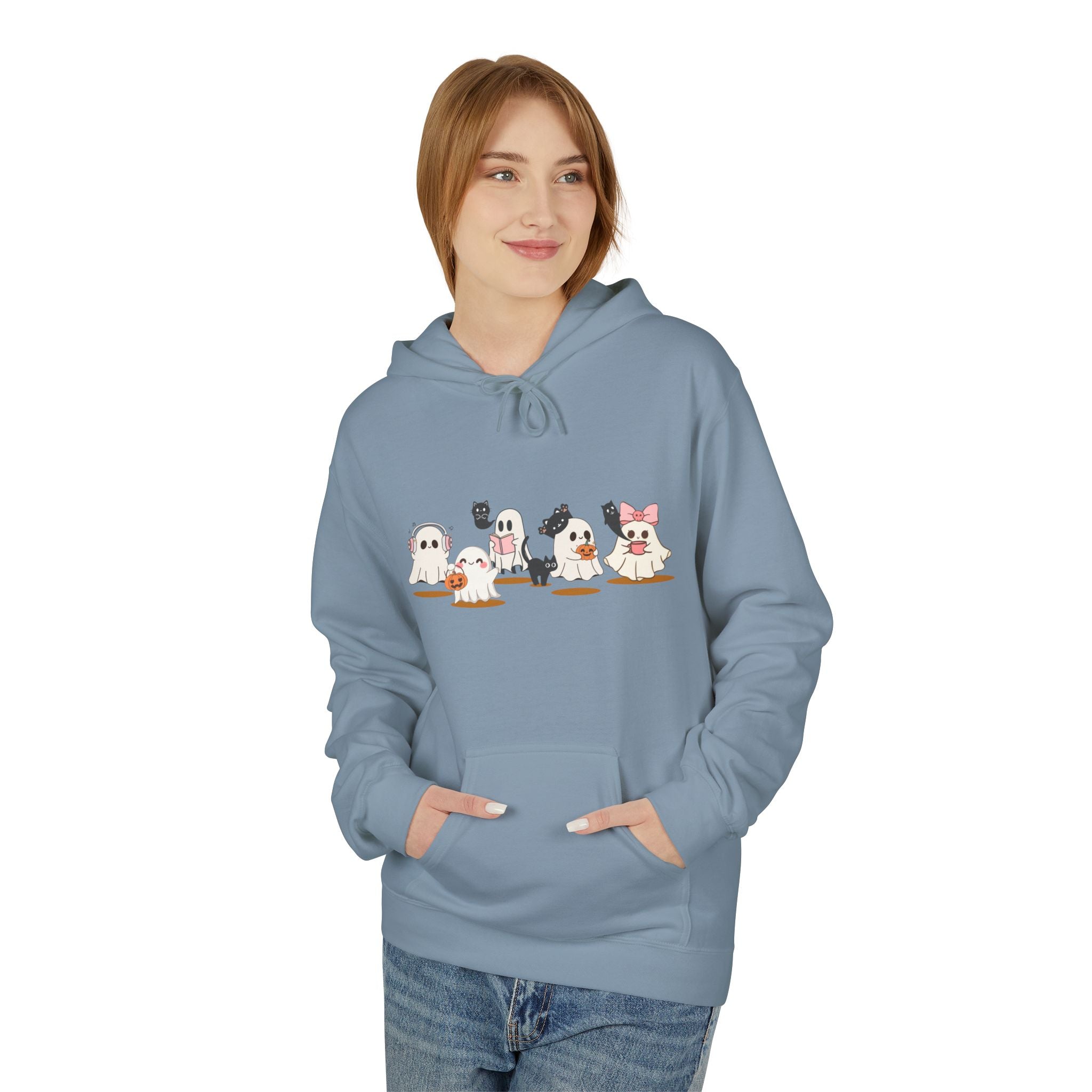Ghost Reading, Coffee, Music y Cat Sweater, Halloween Sweatshirt for Book Lovers, Teachers y Librarians, Spooky Cute Gift