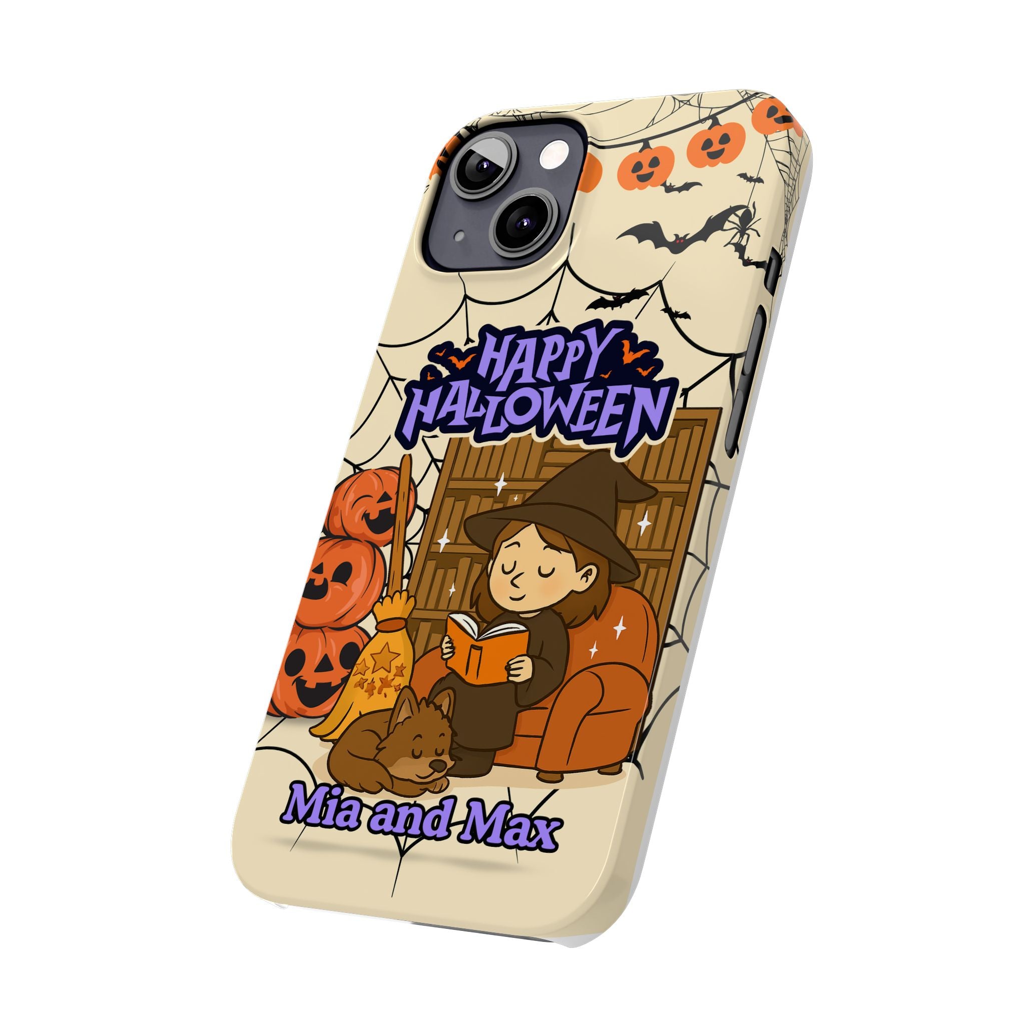 iPhone Case - Halloween Witch Reader with Pet, Personalized Fall Phone Cover, Book Lover Gift, Customizable Spooky Slim Case, Autumn Witchy
