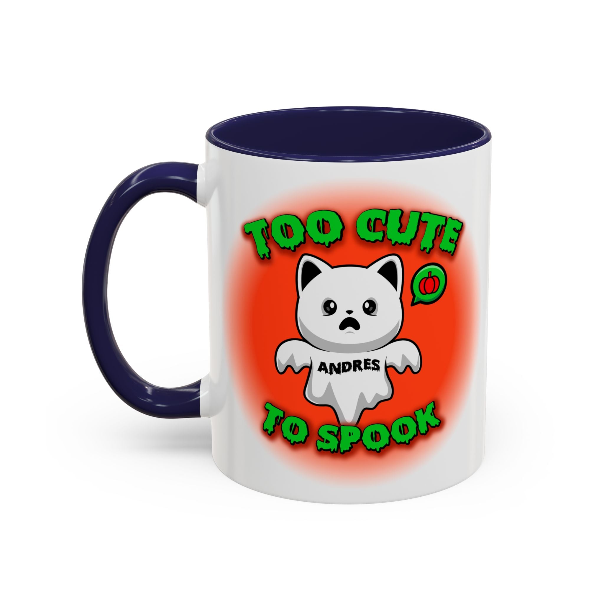 Halloween Accent Mug, Cute Ghost Cat, Too Cute To Spook, Custom Name Gift, Cat Lover Mug, Spooky Season Cup, Orange and White, Pink Handle,
