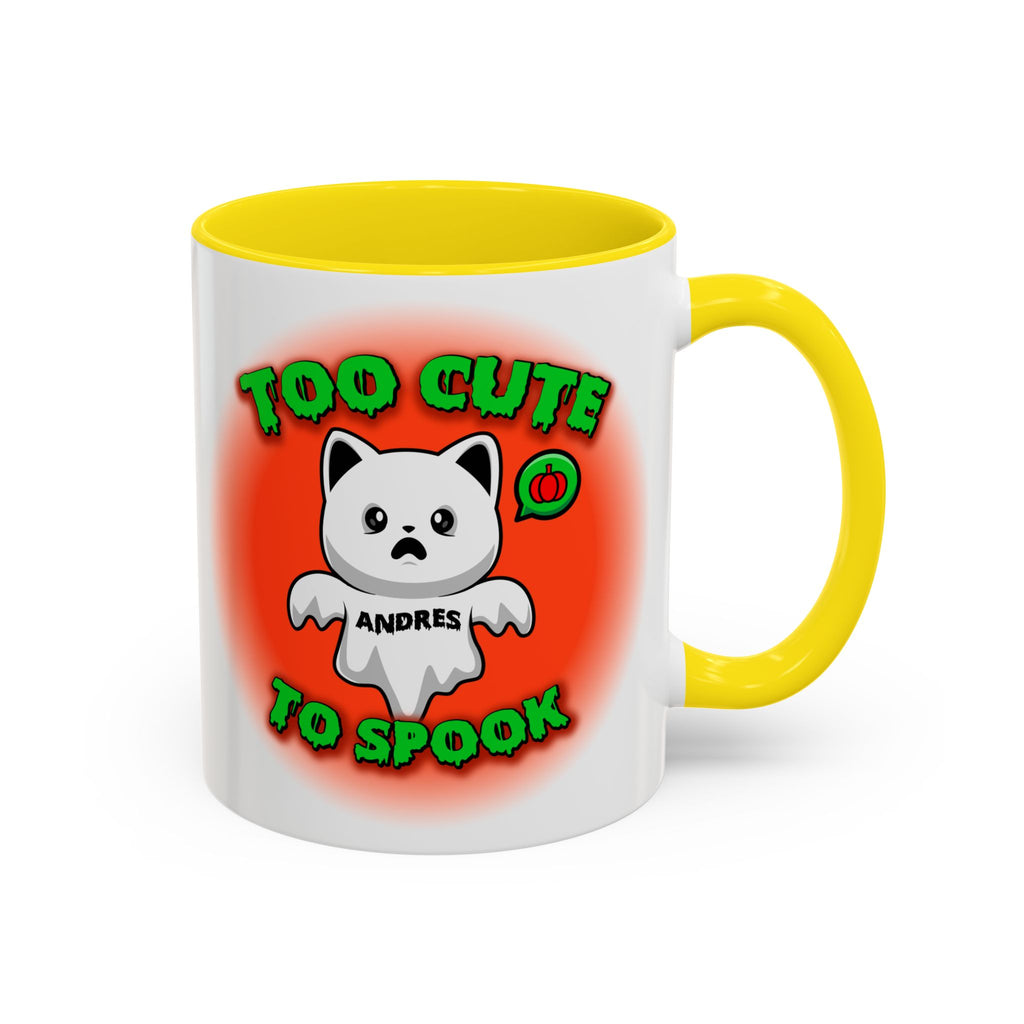 Halloween Accent Mug, Cute Ghost Cat, Too Cute To Spook, Custom Name Gift, Cat Lover Mug, Spooky Season Cup, Orange and White, Pink Handle,