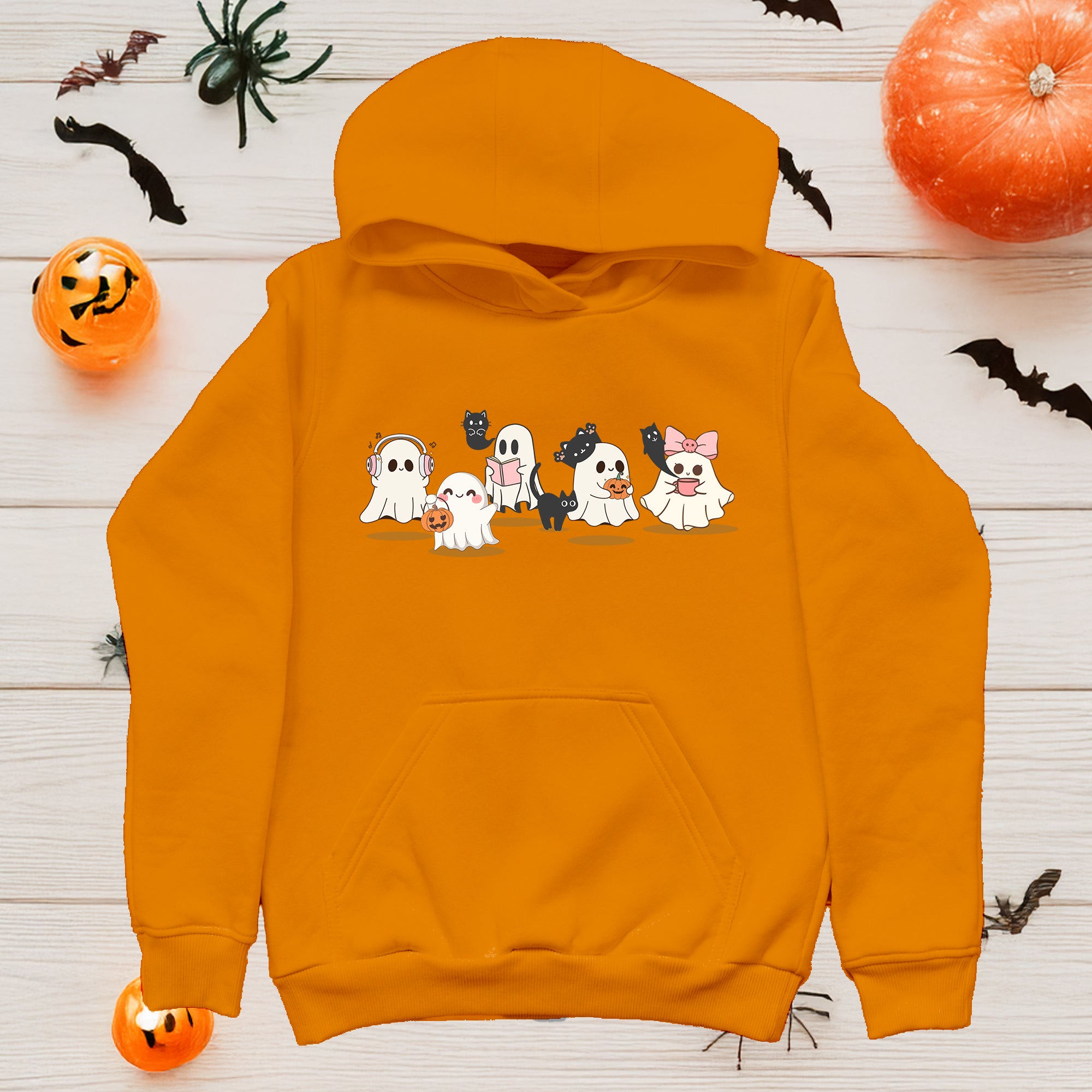 Ghost Reading, Coffee, Music y Cat Sweater, Halloween Sweatshirt for Book Lovers, Teachers y Librarians, Spooky Cute Gift