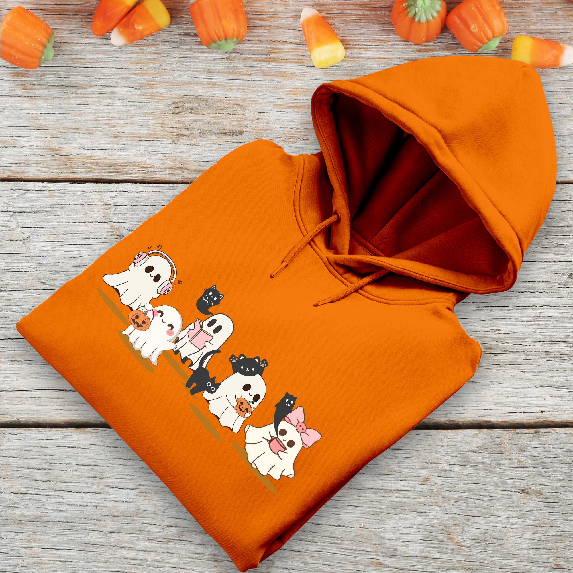 Ghost Reading, Coffee, Music y Cat Sweater, Halloween Sweatshirt for Book Lovers, Teachers y Librarians, Spooky Cute Gift