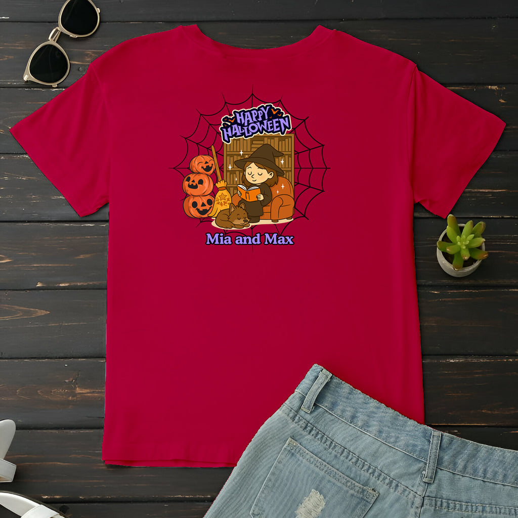 Personalized Halloween Tee  Unisex T-Shirt for Fall, Trick or Treat, Pet y Owner Names, Cozy, Cute & Fun Graphic Shirt for Autumn