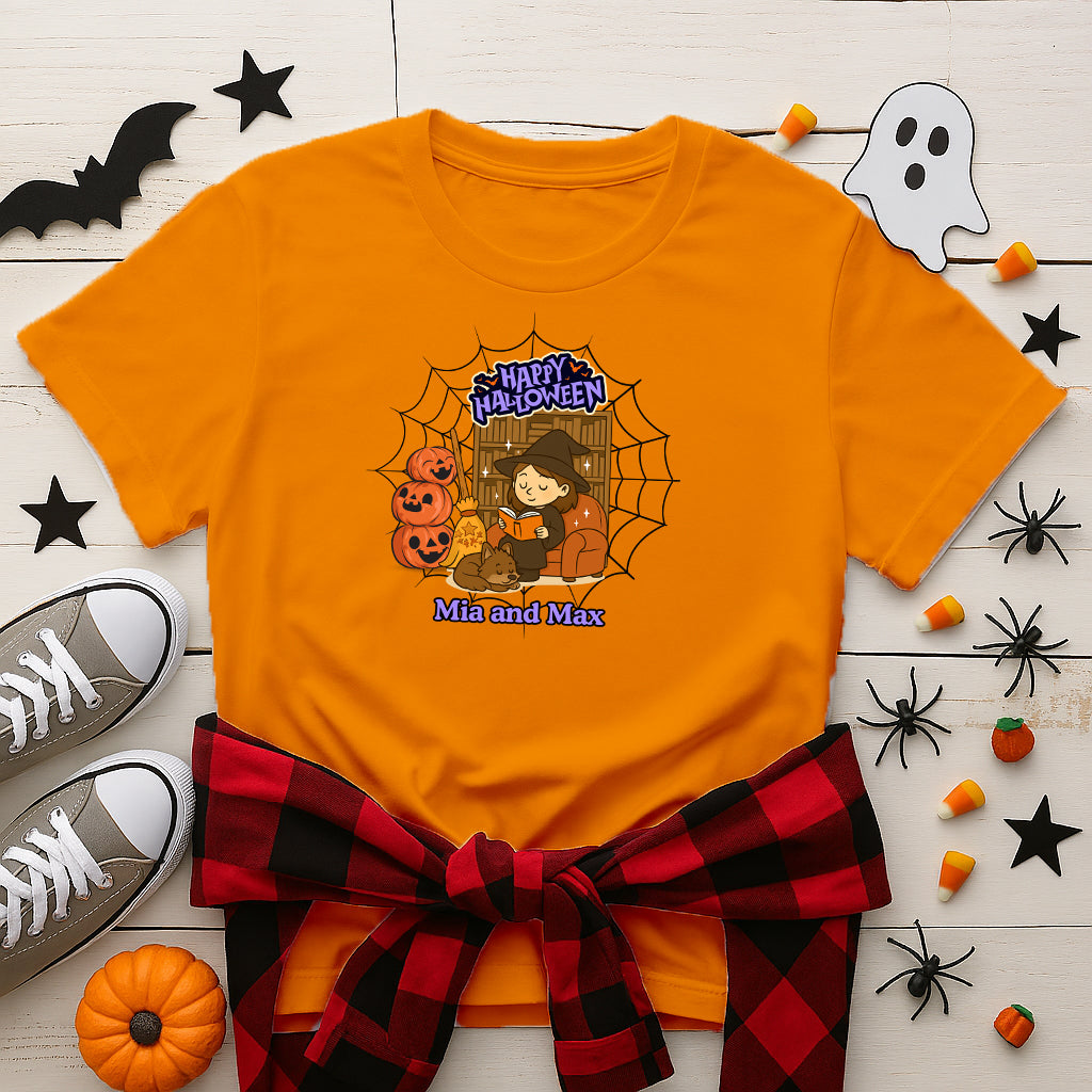 Personalized Halloween Tee  Unisex T-Shirt for Fall, Trick or Treat, Pet y Owner Names, Cozy, Cute & Fun Graphic Shirt for Autumn