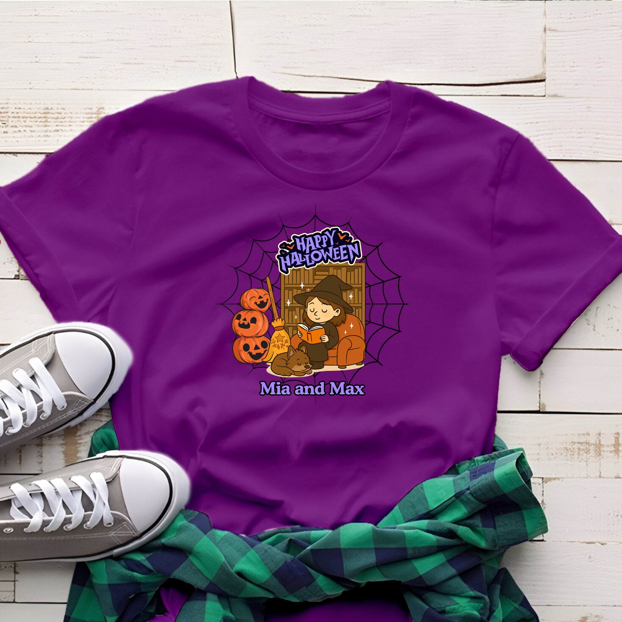 Personalized Halloween Tee  Unisex T-Shirt for Fall, Trick or Treat, Pet y Owner Names, Cozy, Cute & Fun Graphic Shirt for Autumn