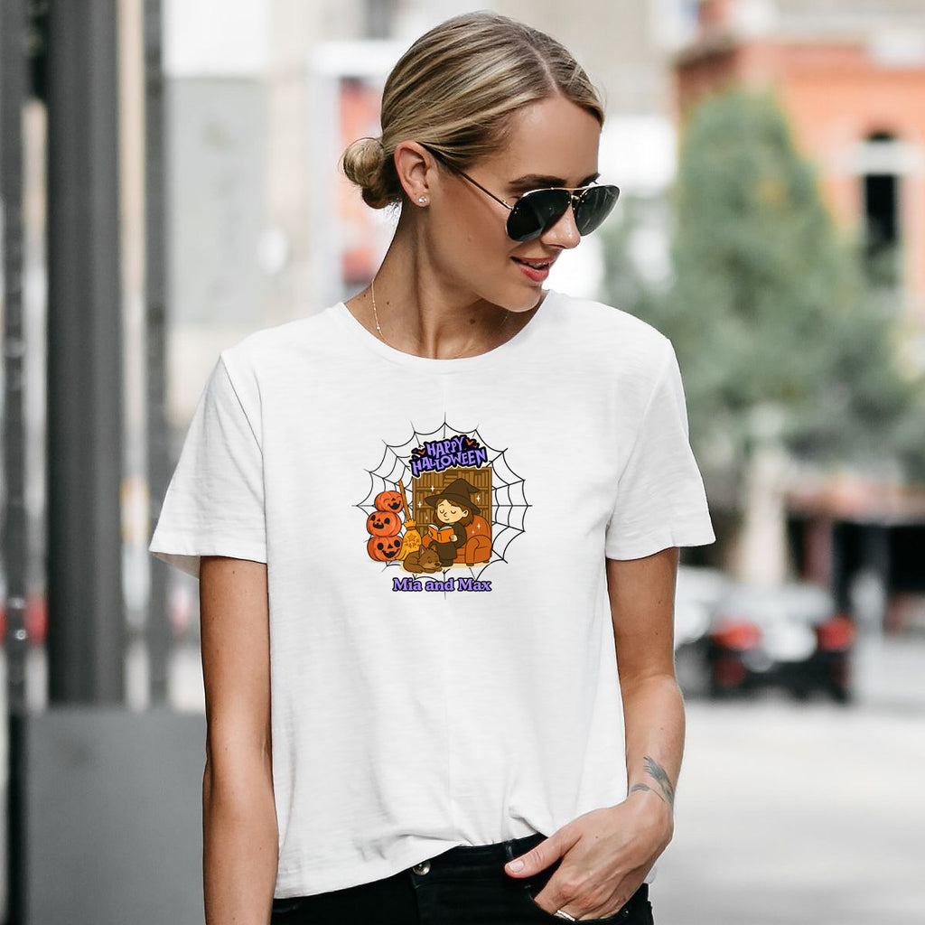 Personalized Halloween Tee  Unisex T-Shirt for Fall, Trick or Treat, Pet y Owner Names, Cozy, Cute & Fun Graphic Shirt for Autumn