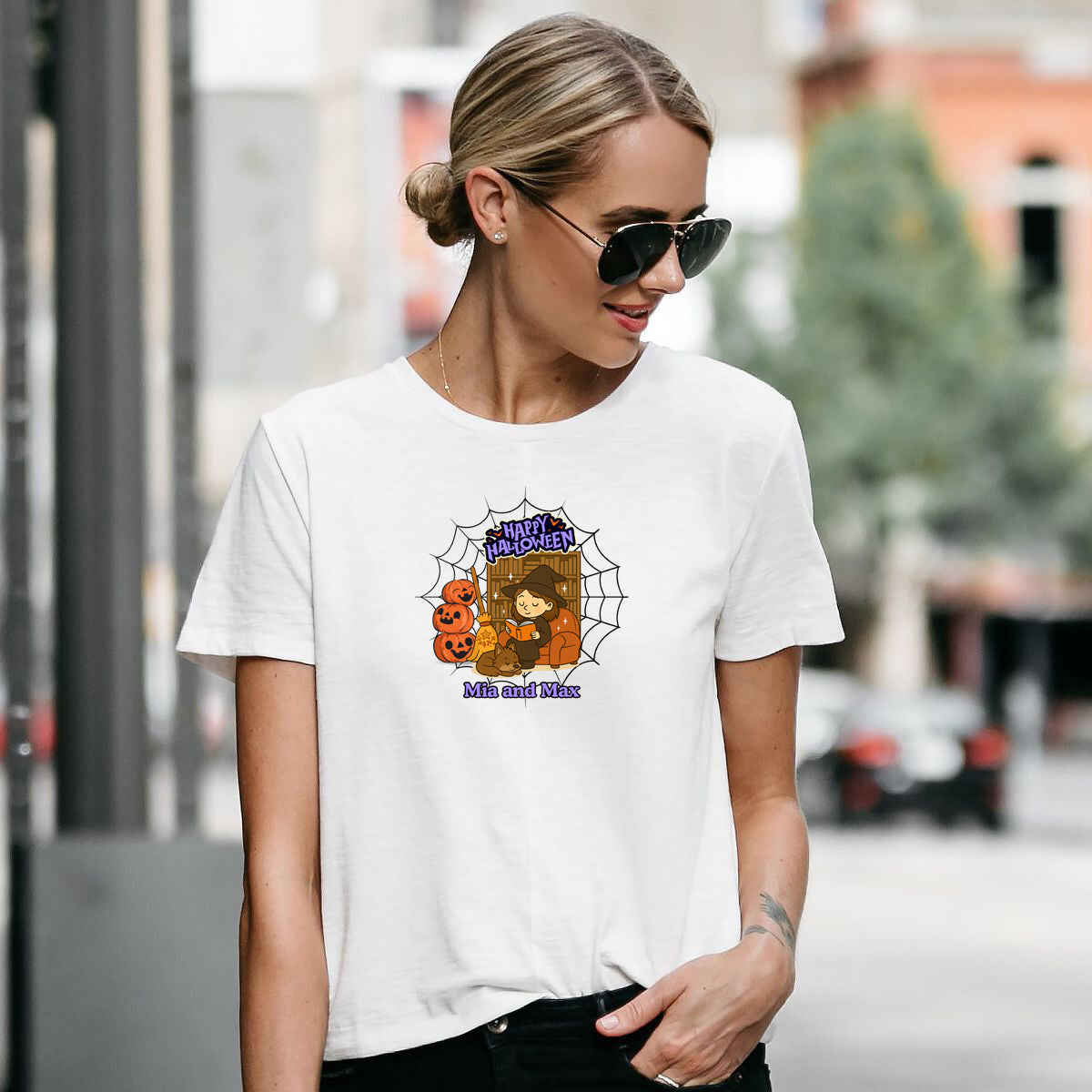 Personalized Halloween Tee  Unisex T-Shirt for Fall, Trick or Treat, Pet y Owner Names, Cozy, Cute & Fun Graphic Shirt for Autumn