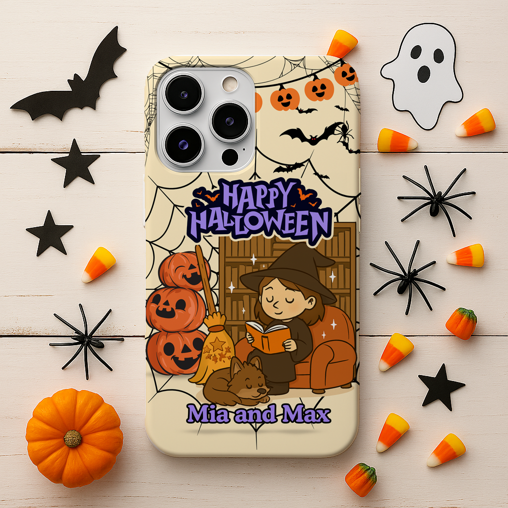 iPhone Case - Halloween Witch Reader with Pet, Personalized Fall Phone Cover, Book Lover Gift, Customizable Spooky Slim Case, Autumn Witchy