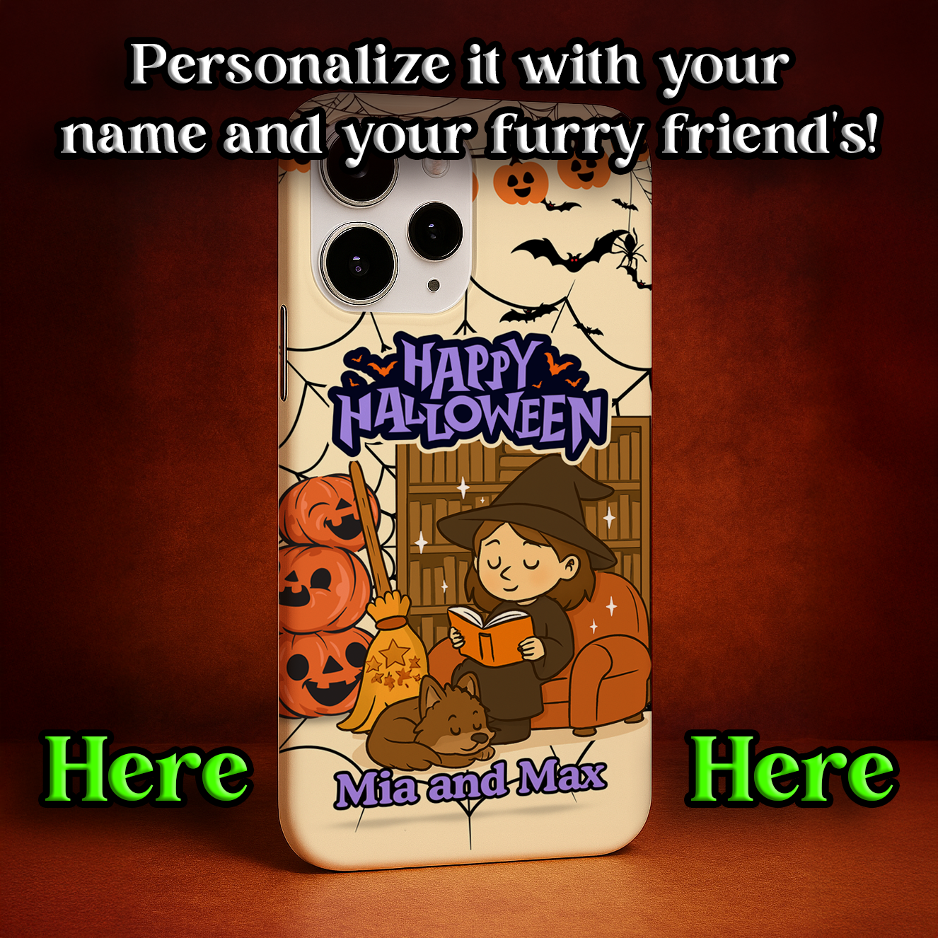 iPhone Case - Halloween Witch Reader with Pet, Personalized Fall Phone Cover, Book Lover Gift, Customizable Spooky Slim Case, Autumn Witchy