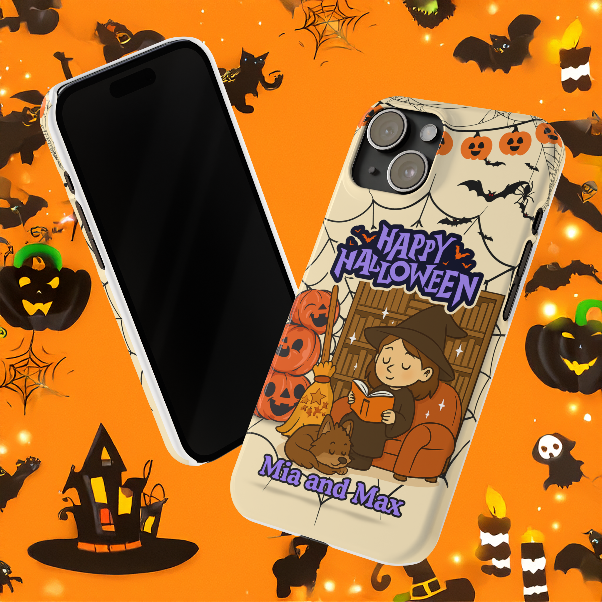 iPhone Case - Halloween Witch Reader with Pet, Personalized Fall Phone Cover, Book Lover Gift, Customizable Spooky Slim Case, Autumn Witchy