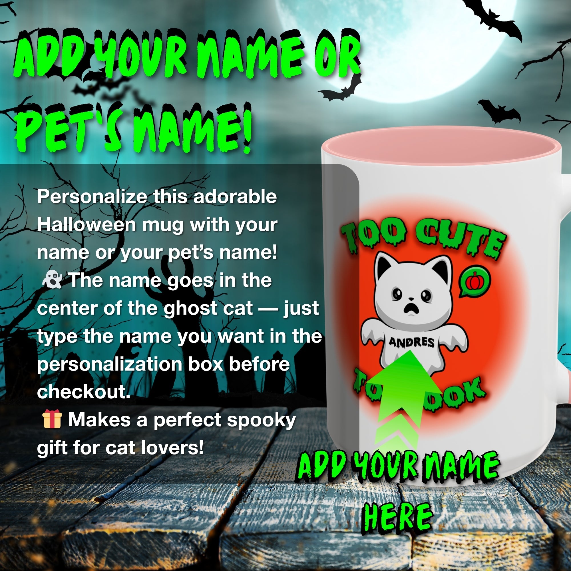 Halloween Accent Mug, Cute Ghost Cat, Too Cute To Spook, Custom Name Gift, Cat Lover Mug, Spooky Season Cup, Orange and White, Pink Handle,