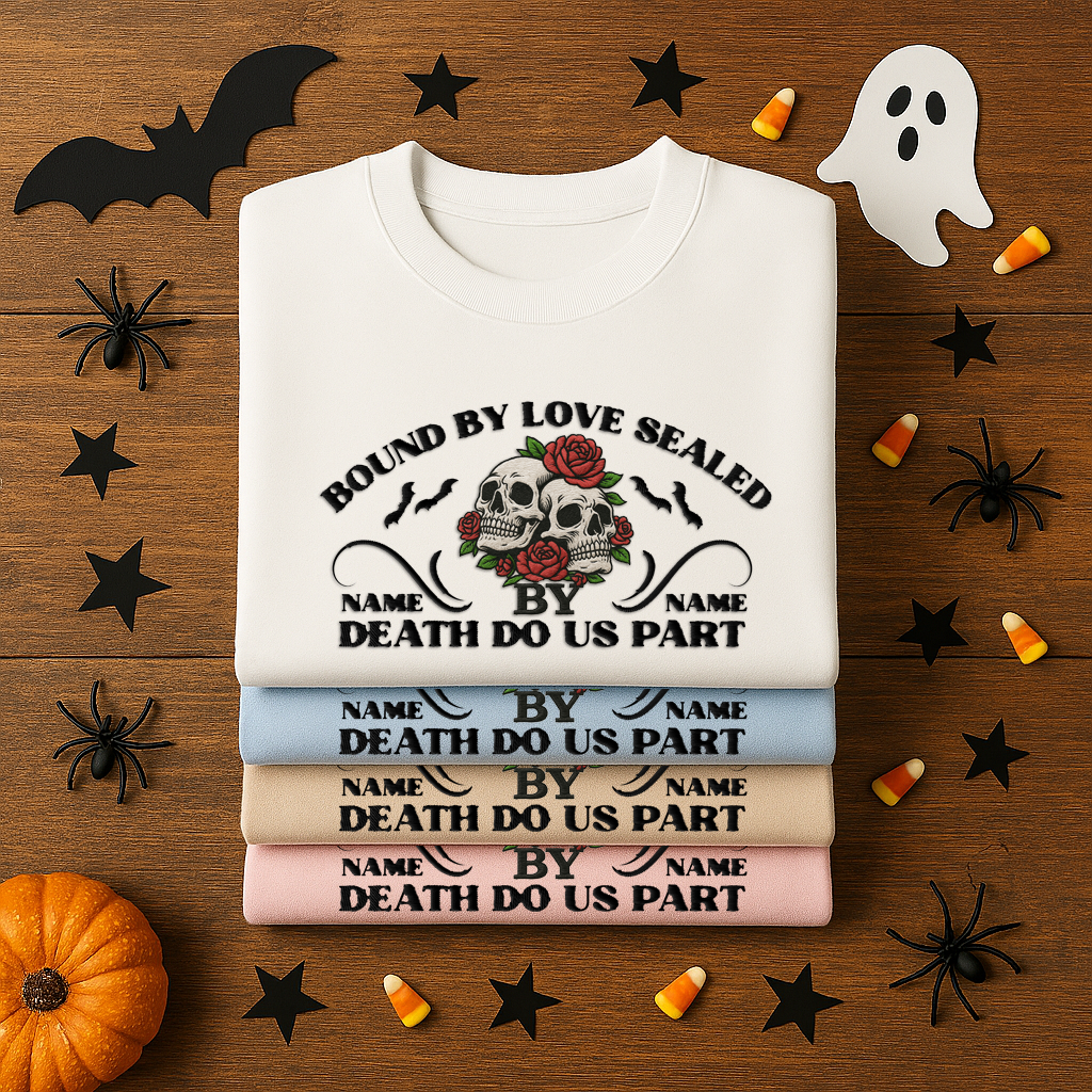 Embroidered Halloween Phrase Unisex Sweatshirt, Bound By Love Sealed By Death Customizable Halloween Sweatshirt, Couple's Names Sweatshirt,