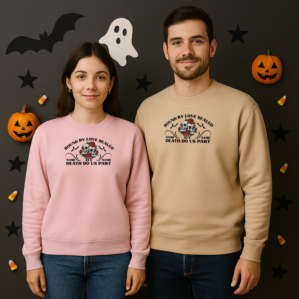 Embroidered Halloween Phrase Unisex Sweatshirt, Bound By Love Sealed By Death Customizable Halloween Sweatshirt, Couple's Names Sweatshirt,