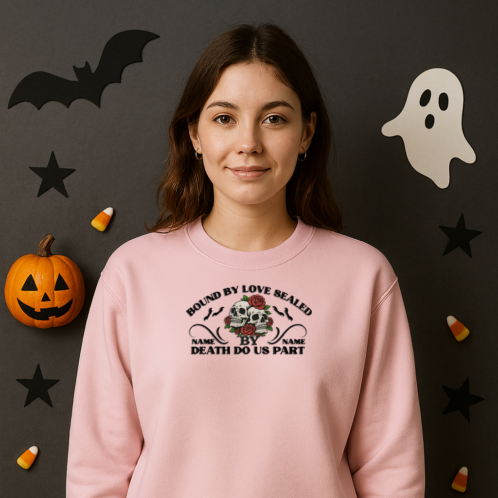 Embroidered Halloween Phrase Unisex Sweatshirt, Bound By Love Sealed By Death Customizable Halloween Sweatshirt, Couple's Names Sweatshirt,