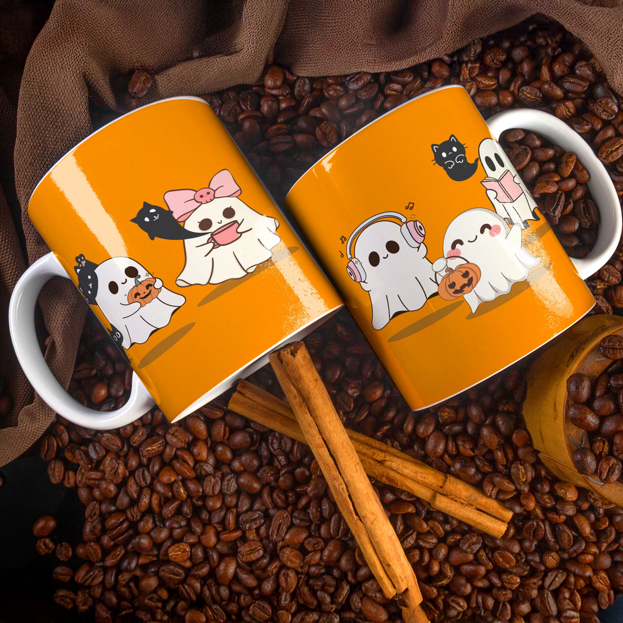 Ghostly Friends Ceramic Mug, Halloween Cat Lovers Gift, Cute Coffee Cup, Spooky Tea Mug, Halloween Decor, Cat Lady Gift