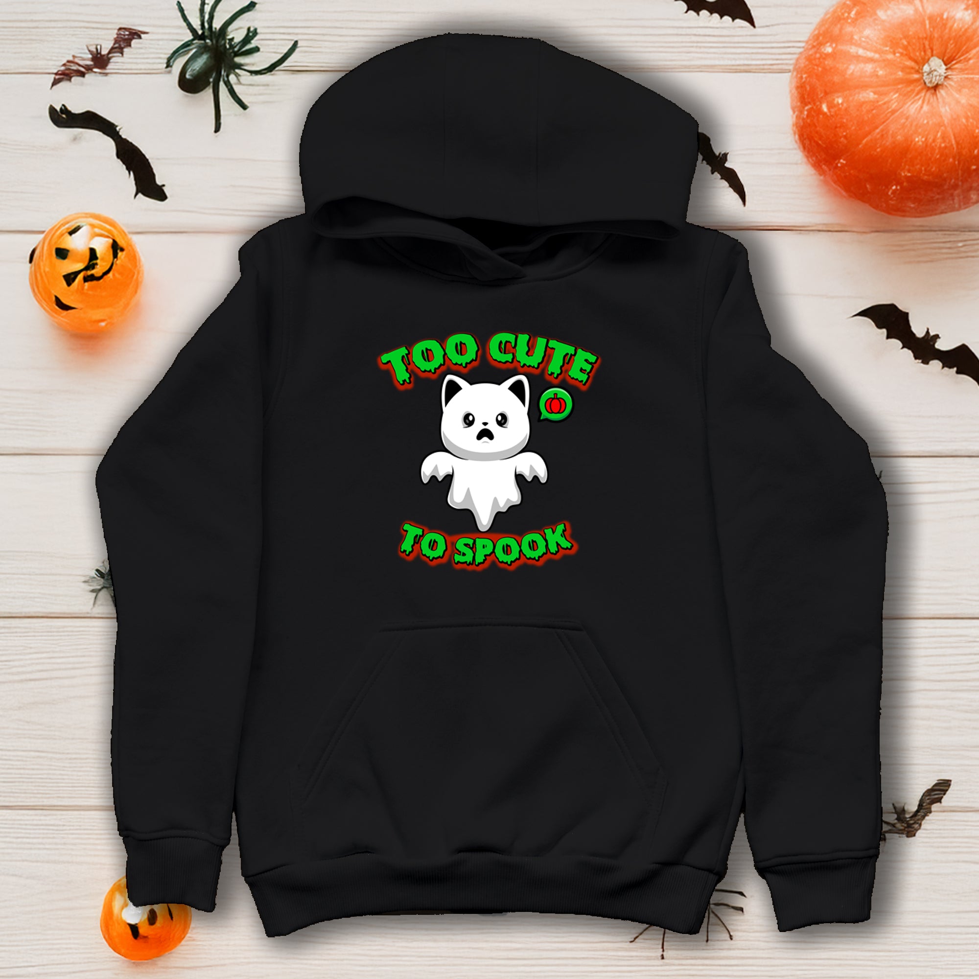 Halloween Cat Costume Unisex Hoodie Sweatshirt, Too Cute To Spook, Ghost Cat Gift, Cat Lover Apparel, Halloween Gift Idea, Vibrant Colors