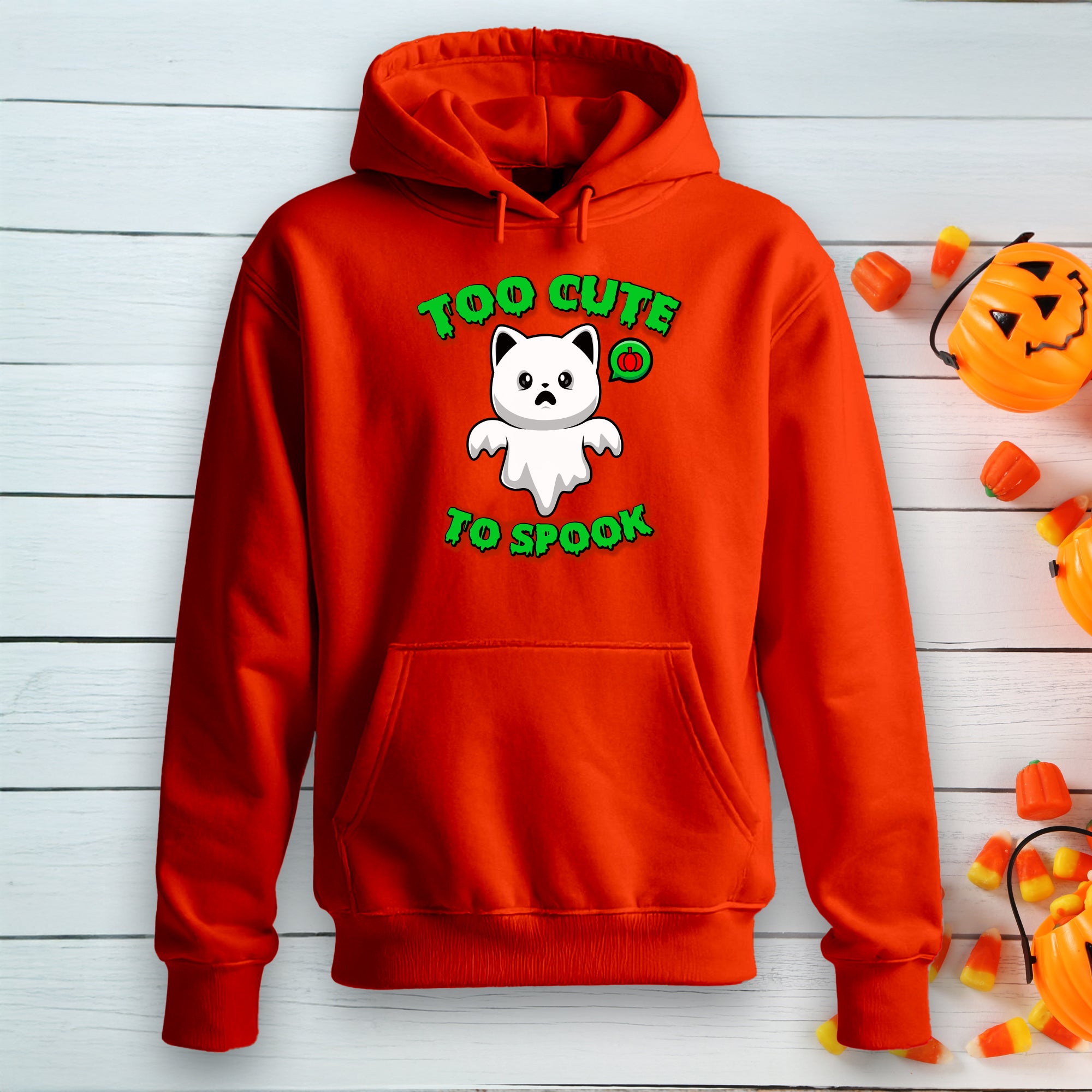 Halloween Cat Costume Unisex Hoodie Sweatshirt, Too Cute To Spook, Ghost Cat Gift, Cat Lover Apparel, Halloween Gift Idea, Vibrant Colors