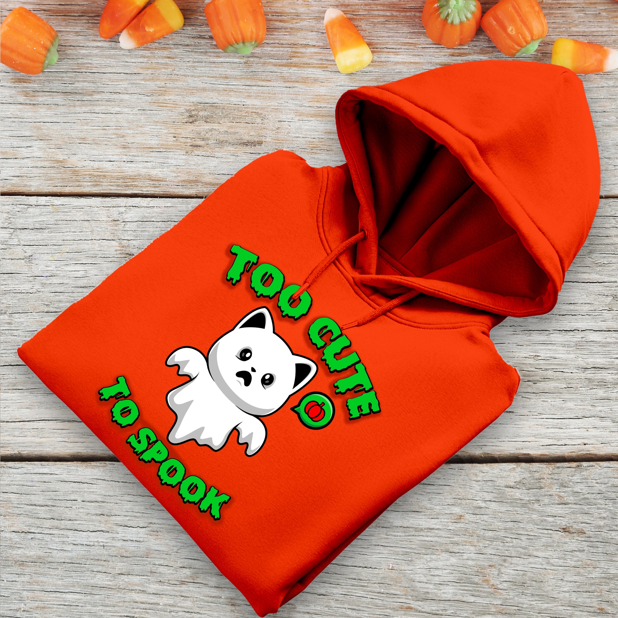 Halloween Cat Costume Unisex Hoodie Sweatshirt, Too Cute To Spook, Ghost Cat Gift, Cat Lover Apparel, Halloween Gift Idea, Vibrant Colors
