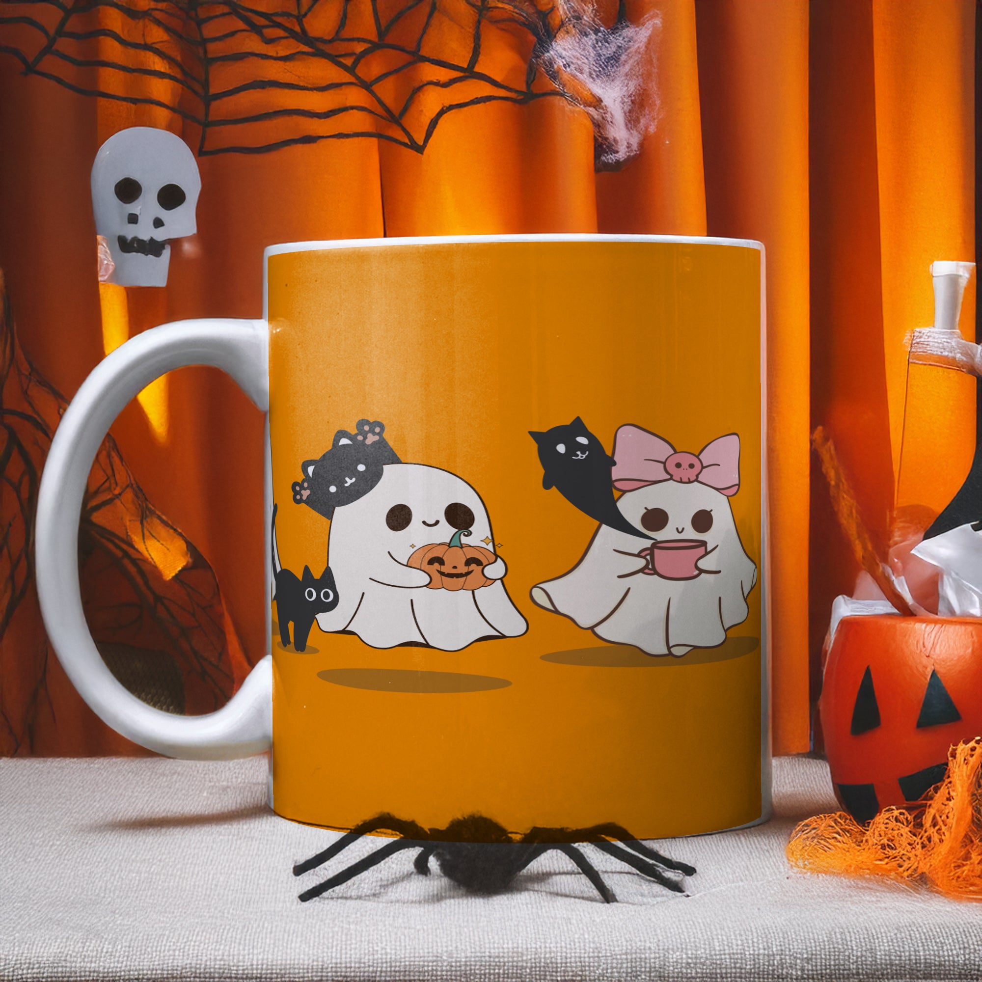 Ghostly Friends Ceramic Mug, Halloween Cat Lovers Gift, Cute Coffee Cup, Spooky Tea Mug, Halloween Decor, Cat Lady Gift