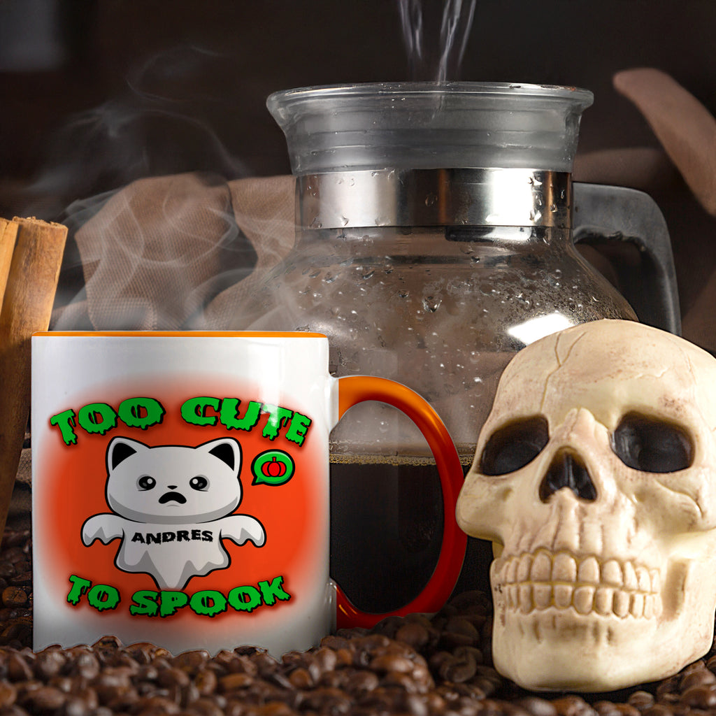 Halloween Accent Mug, Cute Ghost Cat, Too Cute To Spook, Custom Name Gift, Cat Lover Mug, Spooky Season Cup, Orange and White, Pink Handle,