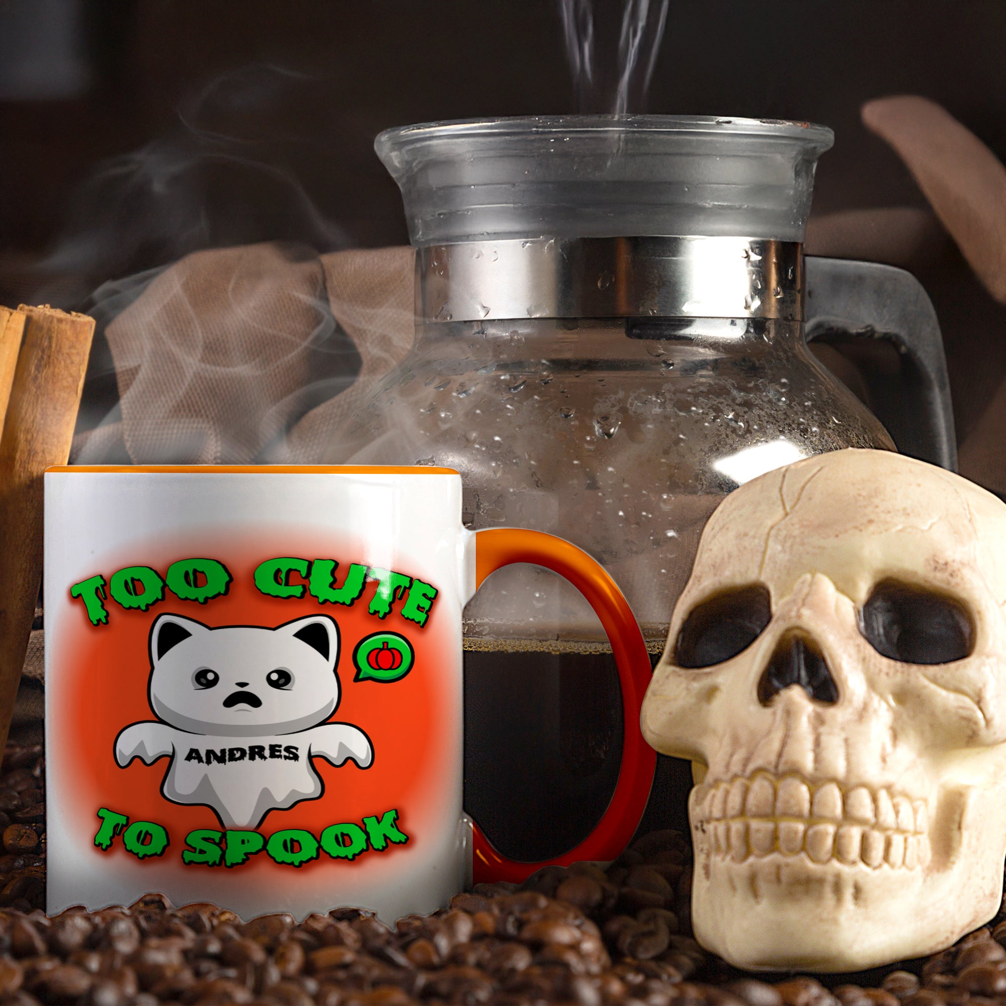 Halloween Accent Mug, Cute Ghost Cat, Too Cute To Spook, Custom Name Gift, Cat Lover Mug, Spooky Season Cup, Orange and White, Pink Handle,