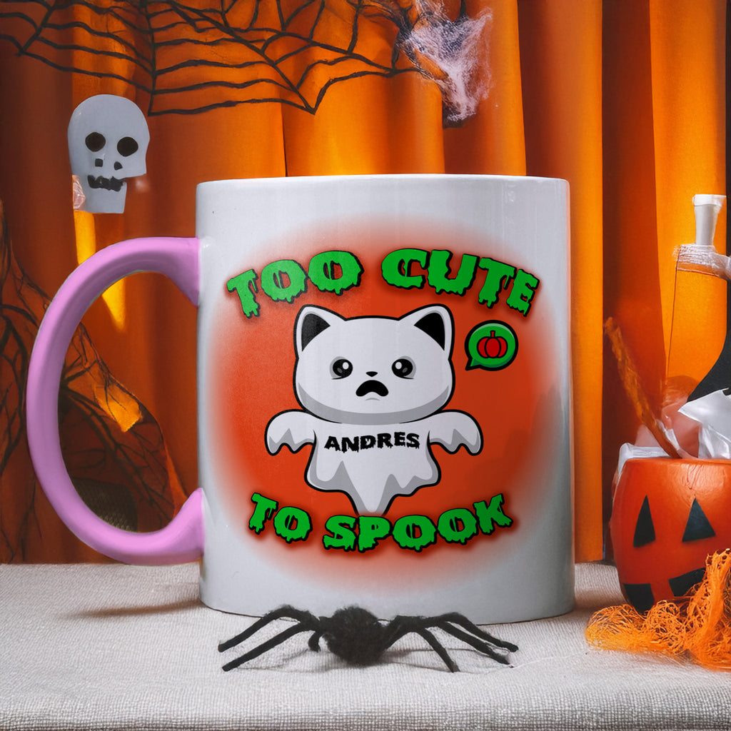 Halloween Accent Mug, Cute Ghost Cat, Too Cute To Spook, Custom Name Gift, Cat Lover Mug, Spooky Season Cup, Orange and White, Pink Handle,