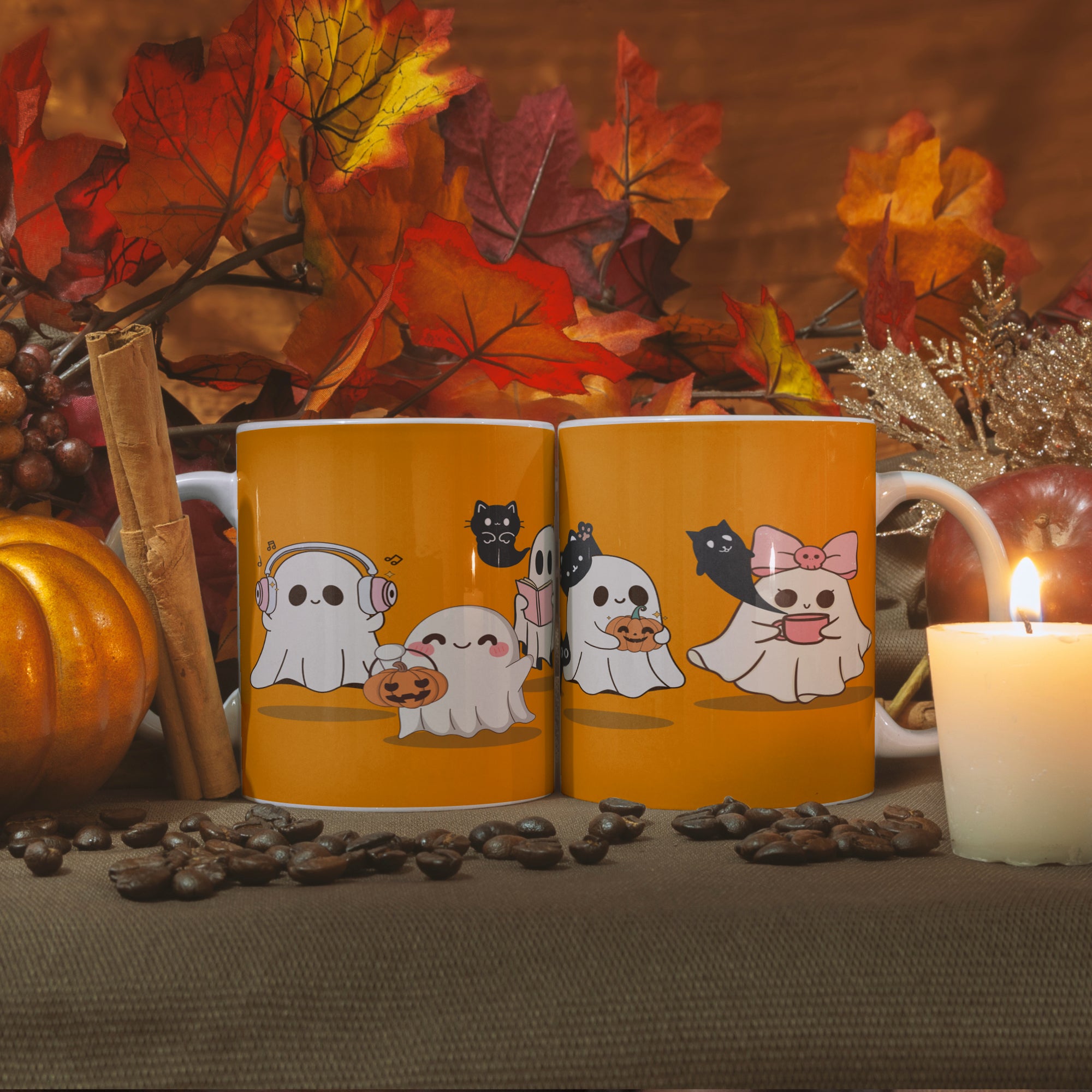 Ghostly Friends Ceramic Mug, Halloween Cat Lovers Gift, Cute Coffee Cup, Spooky Tea Mug, Halloween Decor, Cat Lady Gift