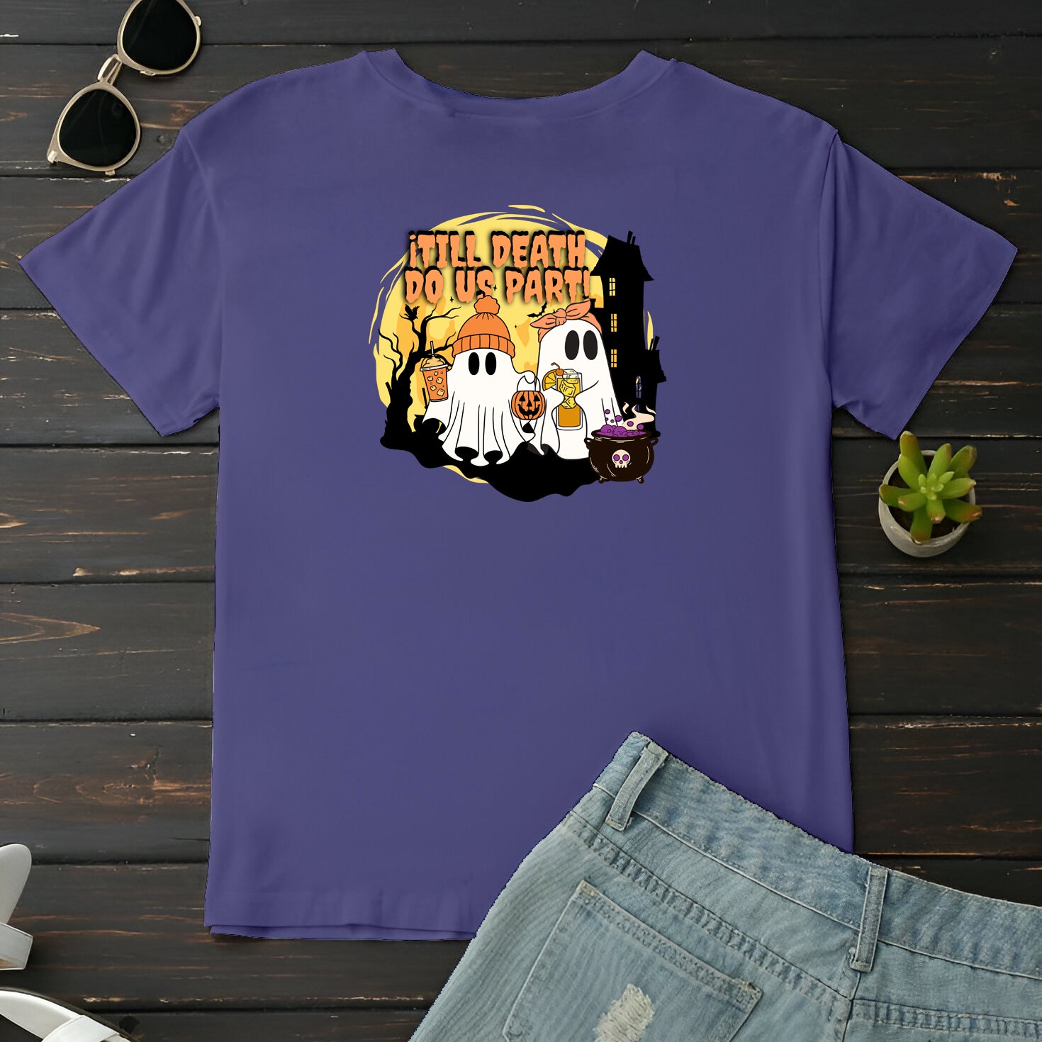 Halloween Ghost Couple Unisex Garment-Dyed T-shirt, Till Death Do Us Part, Men Women, Scary Tee, Matching, Spooky Shirt