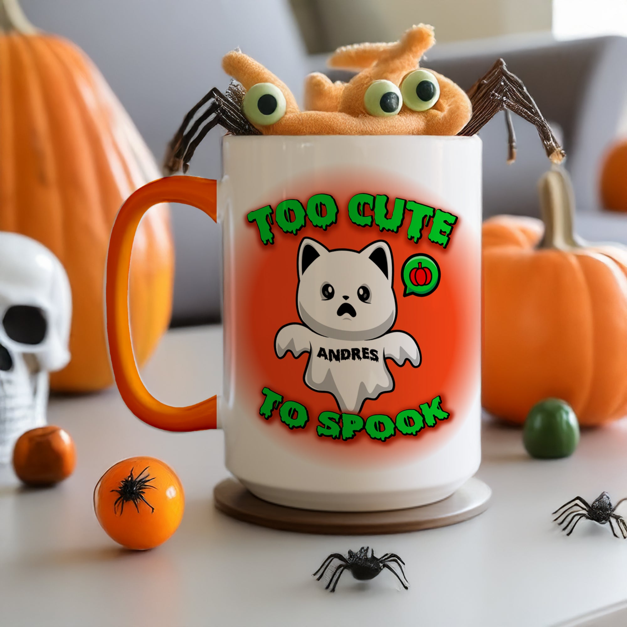 Halloween Accent Mug, Cute Ghost Cat, Too Cute To Spook, Custom Name Gift, Cat Lover Mug, Spooky Season Cup, Orange and White, Pink Handle,