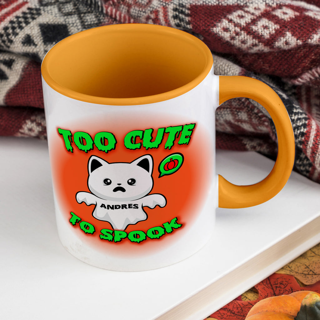 Halloween Accent Mug, Cute Ghost Cat, Too Cute To Spook, Custom Name Gift, Cat Lover Mug, Spooky Season Cup, Orange and White, Pink Handle,