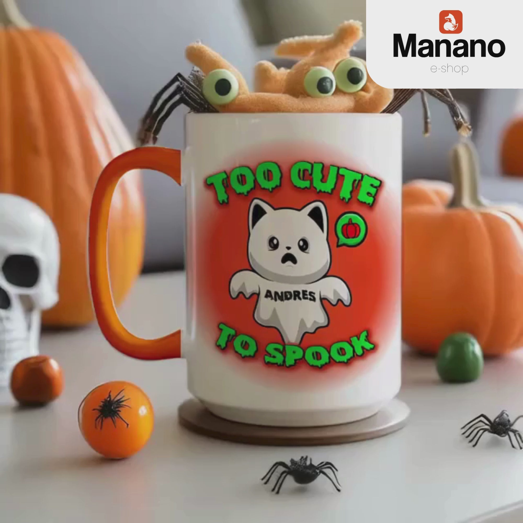 Halloween Accent Mug, Cute Ghost Cat, Too Cute To Spook, Custom Name Gift, Cat Lover Mug, Spooky Season Cup, Orange and White, Pink Handle,